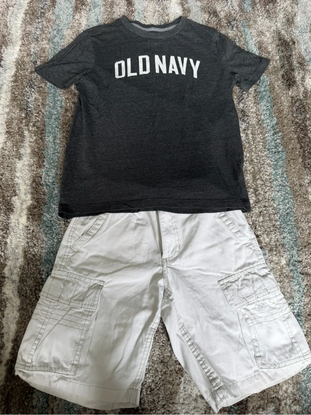 Old Navy boys Logo Tee size L 10/12 Route 66 beige cargo shorts size 8